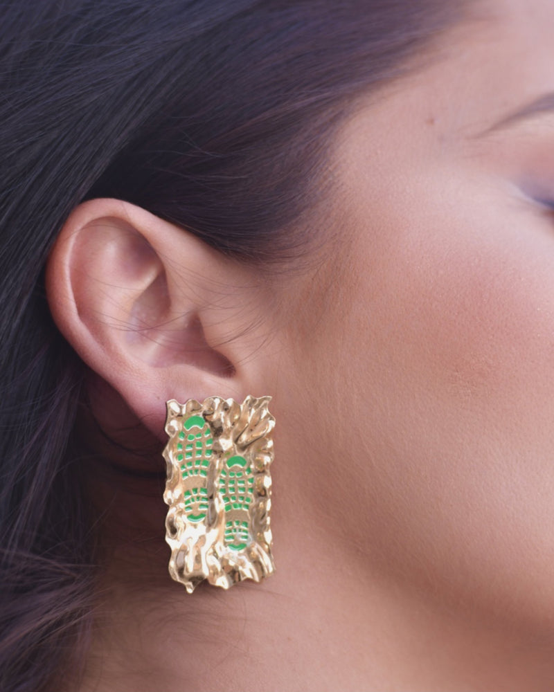 FOOTSTEPS Green - Enamel Gold Earrings