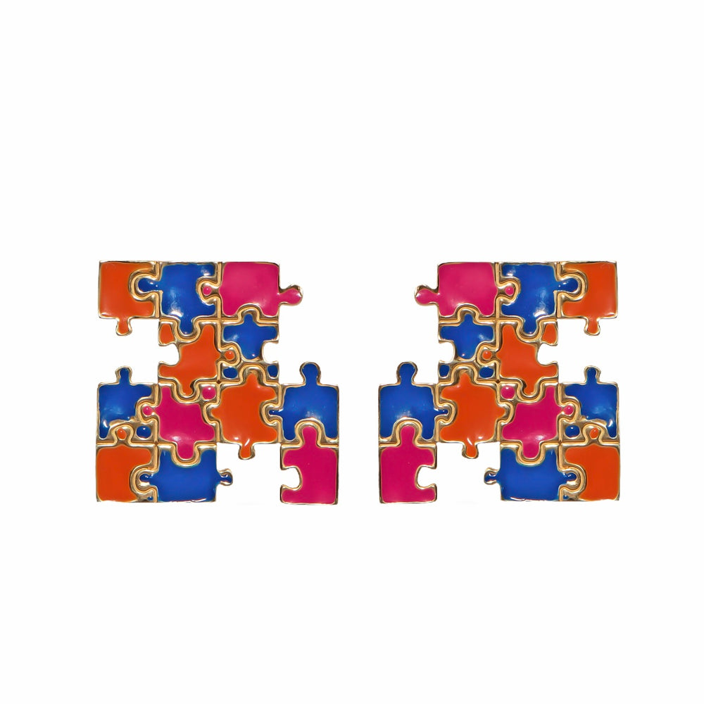 SQUARE Multicolor Enamel Puzzle Gold Earrings