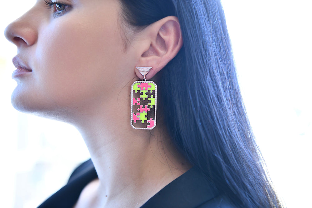 Preorder | ENIGMA Neon Pink & Yellow Puzzle Silver Earrings