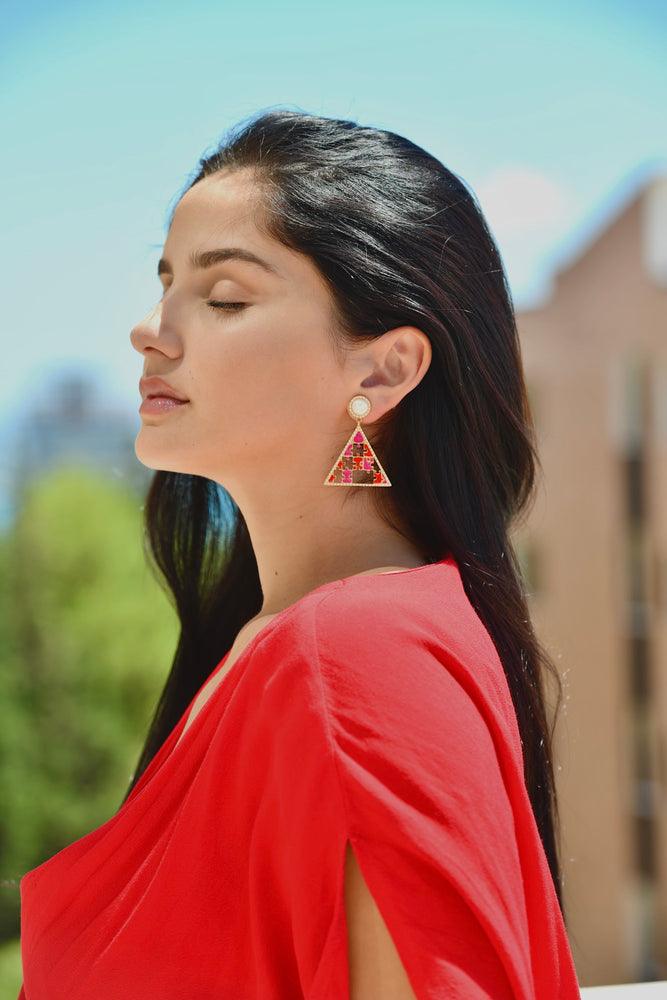 Preorder | PYRAMID Red & Fuxia Puzzle Gold Earrings