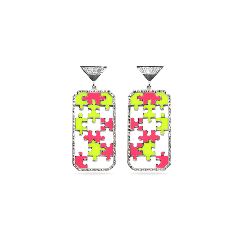 Preorder | ENIGMA Neon Pink & Yellow Puzzle Silver Earrings